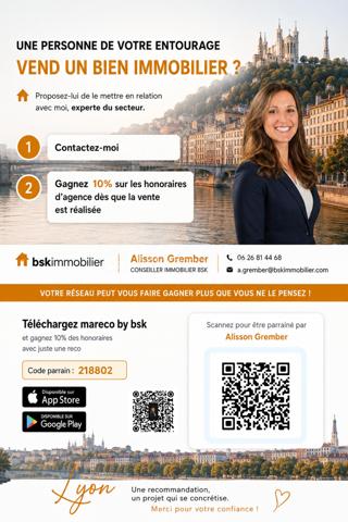 Alisson GREMBER vous présente en vente interactive ce beau 2 pièces de 50,50 m² Carrez, entièrement rénové en septembre 2025, situé au 5e étage sur 6 avec ascenseur, dans une résidence bien entretenue de 1993, au cœur du secteur de Maisons Neuves à Villeurbanne, à la limite de Lyon 3e.

OPEN HOUSE : VISITE LIBRE LE SAMEDI 17 OCTOBRE 2026 ENTRE 10H00 ET 13H00
Découvrez ce joli 2 pièces lumineux et sans vis-à-vis, de 50.5 m² carrez, situé au 5e étage sur 6 avec ascenseur, comprenant une entrée avec placard, un séjour spacieux orienté Sud-Ouest donnant sur un balcon avec vue dégagée sur Fourvière, une cuisine aménagée indépendante, une chambre avec placard, une salle de bain, WC indépendant.
Un garage fermé en sous-sol complète ce bien.
Location facile, aucune vacance locative, idéal pour jeune actif ou étudiant.
Proche transports : à 5 mn du tramway T6 St-Exupéry Jaurès et T3 Reconnaissance-Balzac, proche du TB12, à 15 mn à pied de la gare Part-Dieu.
Copropriété de 1993.
Charges de copropriété : 85 EUR / mois incluant notamment l'eau froide. 
Bien soumis au régime de la copropriété. Copropriété de 50 lots d’habitation. (Aucune procédure en cours) 
Taxe foncière : 969 EUR / an. DPE : C

ATOUTS : Belle copropriété, lumineux, calme, sans vis-à-vis, grand balcon, proche transports, commerces et écoles, accès rapide gare Part-Dieu.

Mise à prix : 168 000 EUR dont Honoraires d'agence 6750 EUR charge vendeurs. 

***** ESTIMATION GRATUITE ! Vous souhaitez VENDRE votre bien ? Faites-moi confiance pendant 1, 2 ou 3 mois. Solution de vente innovante en vente interactive ou en vente classique. BSK Immobilier - https://bskimmobilier.com/alisson-grember-11647 - https://alissongremberimmobilier.com/ 
Devenez apporteur d’affaires et gagnez 10% de la commission, téléchargez l’application MARECO, code parrain : 218802 – Alisson Grember.