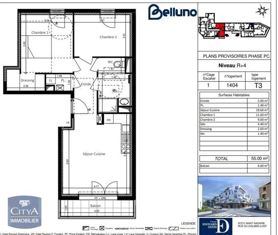 Appartement à louer 3 pièces 55m²