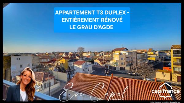 Appartement à vendre 3 pièces LE GRAU D'AGDE (34), DUPLEX T3 dans résidence Première Ligne, entièrement rénové + climatisation