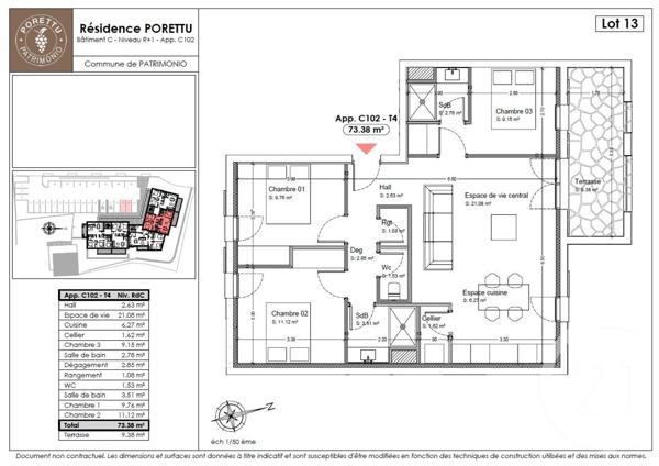 Appartement T3 à vendre  4 pièces - 73,38 m2 PATRIMONIO - 202