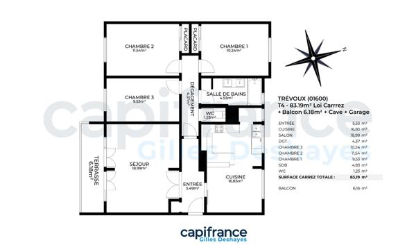 Trévoux 01600 - T4 83.19m² Loi Carrez - Balcon + Cave + Garage