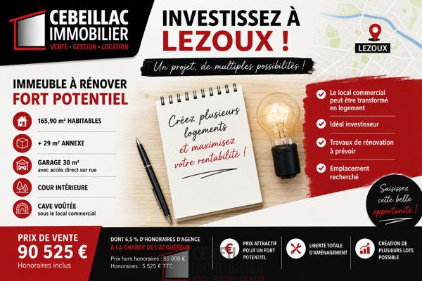LEZOUX CENTRE - IMMEUBLE À RÉNOVER - FORT POTENTIEL INVESTISSEUR - GARAGE, ANNEXE, COUR ET CAVE