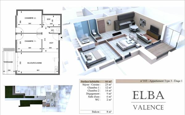 Appartement à vendre    3 pièces • 66 m2 Valence