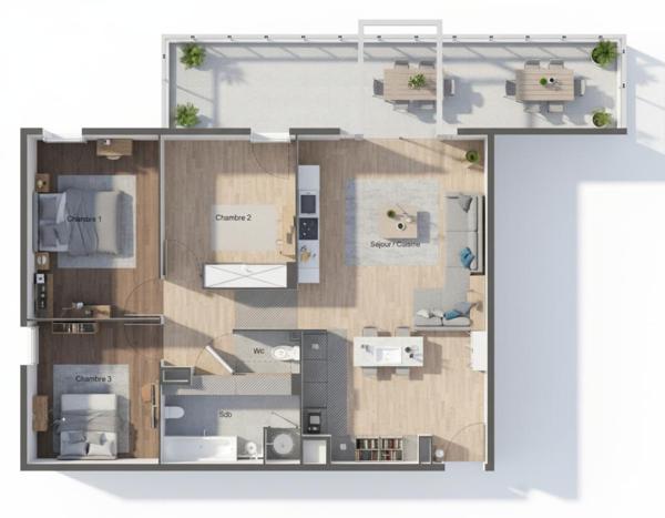 A proximité de l'Espace Brassens, appartement en rez-de-chaussée de 78 m² avec terrasse de 22 m²