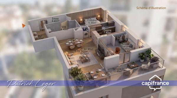 PÉRIGNY (17) – Élégant T3 modulable avec grande terrasse couverte & parking sous-sol