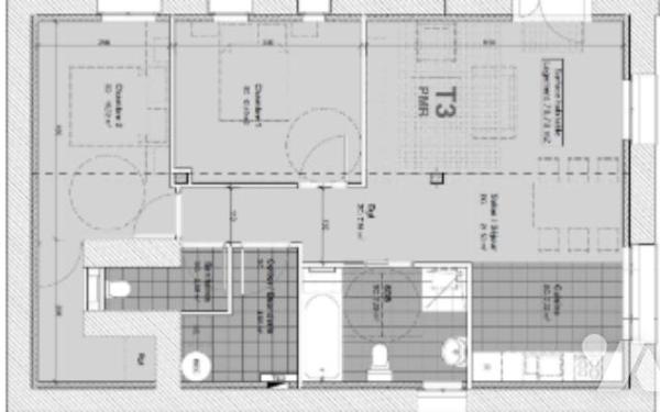 Appartement T3 neuf dans immeuble
2 ch, sdb, cave,
Parking