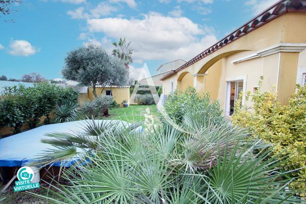 VILLENEUVE LES MAGUELONE - MAISON INDIVIDUELLE - PLAIN PIED - T5 - 112 M2 - 3 CHAMBRES - 1 BUREAU - PISCINE HORS SOL - TERRAIN DE 450 M2 ENVIRON - 5 MINUTES À PIED DU CENTRE.