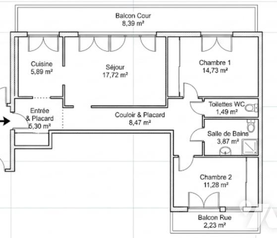 2 chambres, séjour, cuisine, salle d'eau et WC séparés. 3e étage avec ascenseur