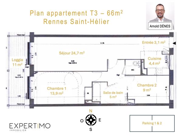 Appartement T3 récent PMR parkings loggia au coeur de Saint-Hélier calme gare à pied