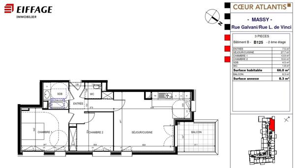 Appartement meublé Massy 3 pièce(s) 66 m2