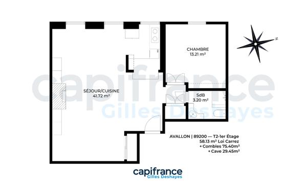 Avallon (89200) - T2 58.13m² + Grenier Aménageable (75.40m²) + Cave (29.45m²)