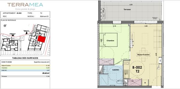 T2 RDC avec terrasse et parking Saint Pierre la Mer