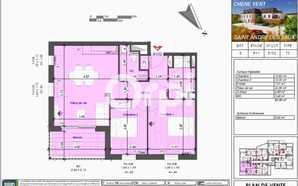 Appartement à vendre    3 pièces • 63,38 m2 Saint-André-des-Eaux