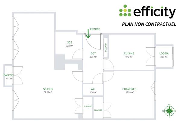 Appartement 2 pièces - 62 m² Exclusivité efficity