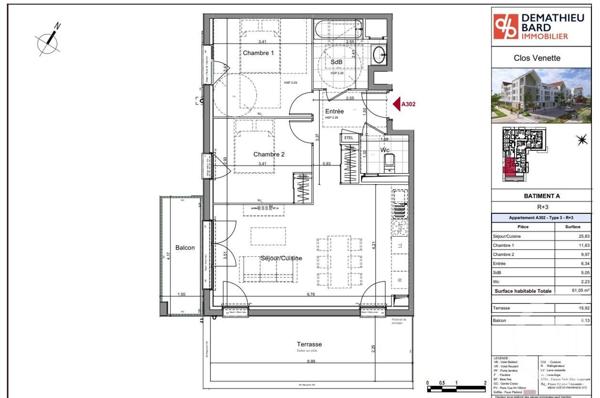 Appartement F3 à vendre  3 pièces - 61,05 m2 VENETTE - 60