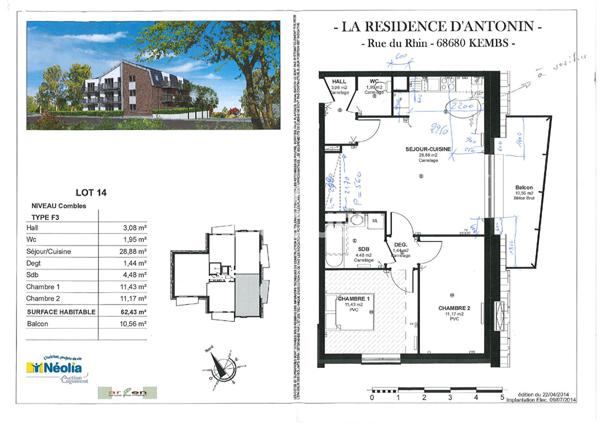 Appartement Kembs 3 pièces 62 m2