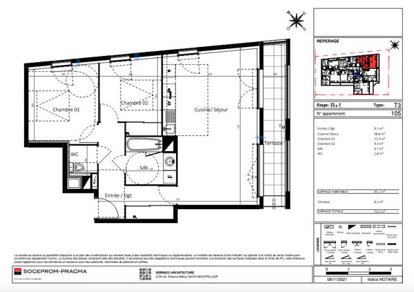 À vendre : Appartement neuf de 3 pièces, 65 m² avec terrasse de 8 m², parking, à Montpellier