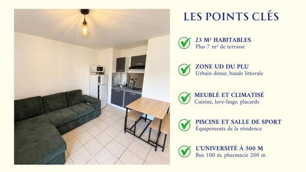 Meublé & Terrasse Privative — Studio 23 m² + 7 m² de terrasse à louer — Sainte-Clotilde Saint-Denis — 675 €/mois CC