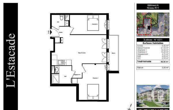 Appartement F3 à vendre  3 pièces - 58,60 m2 COMPIEGNE - 60