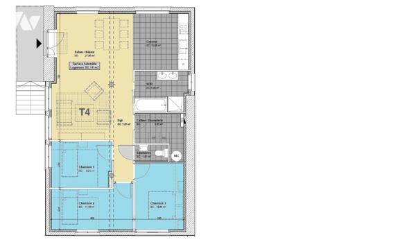 Appartement T4 neuf
situé au 1er étage d'un immeuble
Parking