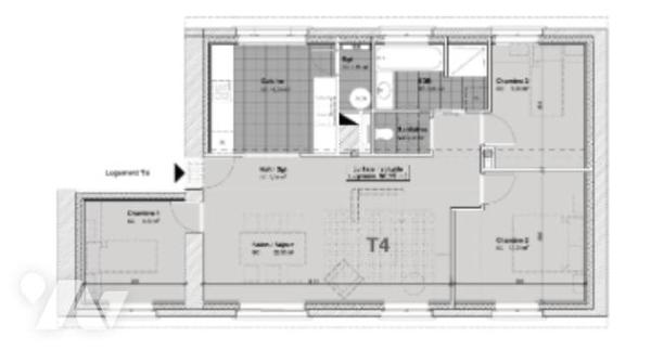 T4 dans immeuble
3 ch + pièce de vie
Sdb, W.C.
2 places de parking - cave