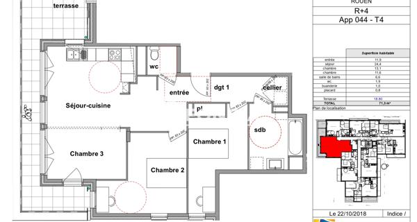 Location Appartement 4 pièces 71.3 m² - Rouen 76100
