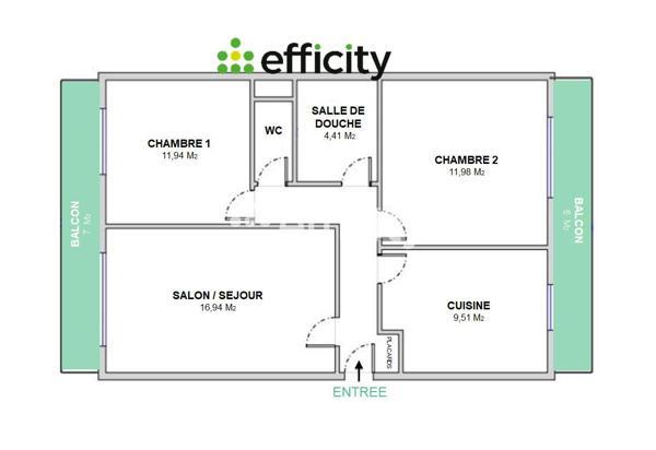 Appartement 3 pièces - 70 m² Exclusivité efficity
