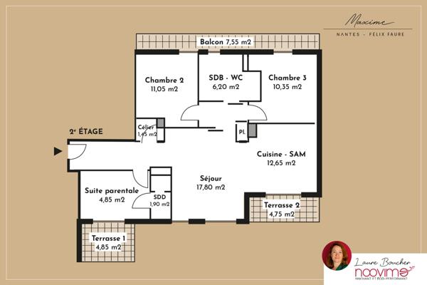 quartier Hauts-Pavés, résidence récente, 4 pièces 80,55 m2 terrasses et stationnement