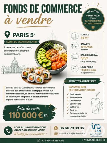 Restauration rapide à vendre 48 m² Paris 5