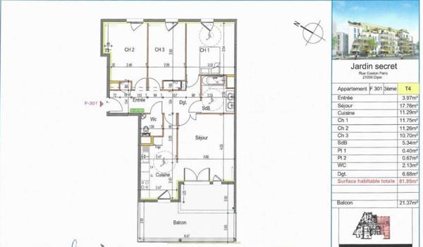 Dijon (21000) T4 avec sa spacieuse terrasse et garage norme "handicapé"- Disponible 13 avril !