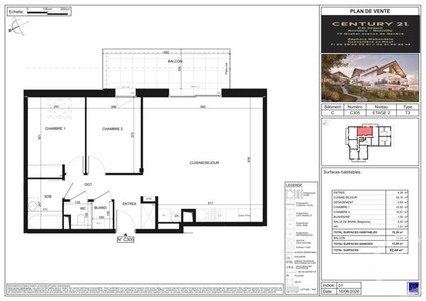 Appartement T3 à vendre  3 pièces - 70,36 m 2   POISY  - 74
