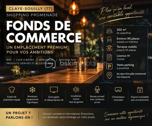 Une belle opportunité pour un professionnel souhaitant reprendre un établissement déjà équipé au cœur d’un pôle commercial majeur de Seine-et-Marne.

Situé au sein de Shopping Promenade à Claye-Souilly, ce fonds de commerce bénéficie d’un emplacement offrant une excellente visibilité, une fréquentation importante et un vaste parking facilitant l’accès à la clientèle.

L’établissement développe une surface d’environ 302 m² et offre de beaux volumes avec une capacité d’environ 90 places assises en intérieur.

Une terrasse mobile vient compléter l’ensemble et permet d’accueillir jusqu’à environ 50 personnes supplémentaires.

L’agencement comprend également un espace bureau privatif, idéal pour la gestion administrative de l’établissement, avec toilettes privées, permettant de disposer d’un espace totalement séparé de la clientèle.

UN ÉTABLISSEMENT ÉQUIPÉ ET FONCTIONNEL

Le fonds comprend notamment :

• Licence IV
• Mobilier professionnel avec tables, banquettes et tabourets
• Espace de préparation équipé
• Nombreux équipements frigorifiques
• Climatisation réversible
• Écran géant d’environ 5 mètres
• Vidéoprojecteur 4K
• Installation sonore haut de gamme
• Bureau privatif avec toilettes privées
• Espaces modulables adaptés à l’organisation de soirées et d’événements

L’établissement est actuellement principalement exploité en soirée, laissant entrevoir différentes possibilités de développement de l’activité et des horaires, dans le respect de la destination du bail et après obtention des éventuelles autorisations nécessaires.

BAIL COMMERCIAL

Bail commercial d’une durée de 10 ans ayant pris effet le 5 novembre 2020, avec une échéance prévue le 5 novembre 2030.

Loyer minimum garanti : 118 000 € HT/an.

La destination prévue au bail comprend notamment les activités de bar à bières, cave à bières, spiritueux, épicerie fine ainsi que la vente de produits dérivés et accessoires.

Les conditions précises du bail et les possibilités d’évolution de l’activité pourront être étudiées en fonction du projet du repreneur.

LES ATOUTS

• Emplacement au sein de Shopping Promenade
• Surface importante d’environ 302 m²
• Licence IV
• Environ 90 places assises en intérieur
• Terrasse pouvant accueillir environ 50 personnes
• Bureau privatif avec sanitaires privés
• Établissement déjà aménagé et équipé
• Équipements audiovisuels permettant de développer l’événementiel
• Potentiel de développement des plages horaires
• Parking important à proximité immédiate

Ce fonds s’adresse aussi bien à un professionnel souhaitant poursuivre et développer l’activité existante qu’à un porteur de projet recherchant un emplacement stratégique pour implanter son concept, sous réserve de sa compatibilité avec les dispositions du bail commercial.

Les informations financières complémentaires et le dossier complet du fonds pourront être communiqués aux acquéreurs présentant un projet sérieux.

Contactez-moi pour davantage de renseignements et organiser une visite.