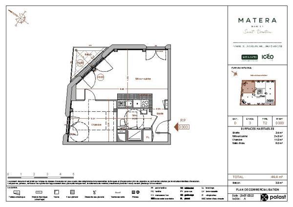 Appartement 2 pièce(s) 44.4 m2 BALCON