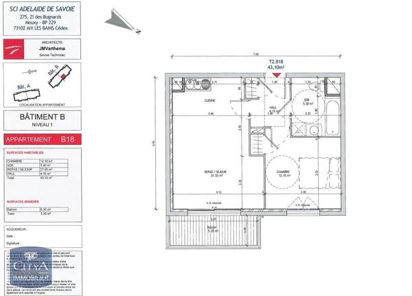 Appartement à louer 2 pièces 42.9m² Jacob-Bellecombette (73000)