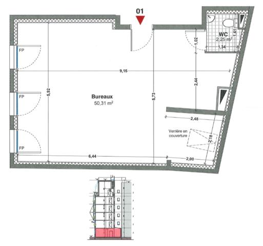 Fonds de commerce neuf à vendre BOULOGNE BILLANCOURT (92) surface 50.31 m2 + toilettes 2.25 m2