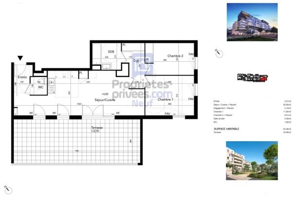 T3 lumineux de 64 m² avec  terrasse exposée Sud Ouest. Avenue du Président Wilson, Béziers