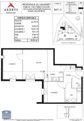 Appartement à louer 3 pièces 57.61m² Villepinte (93420)