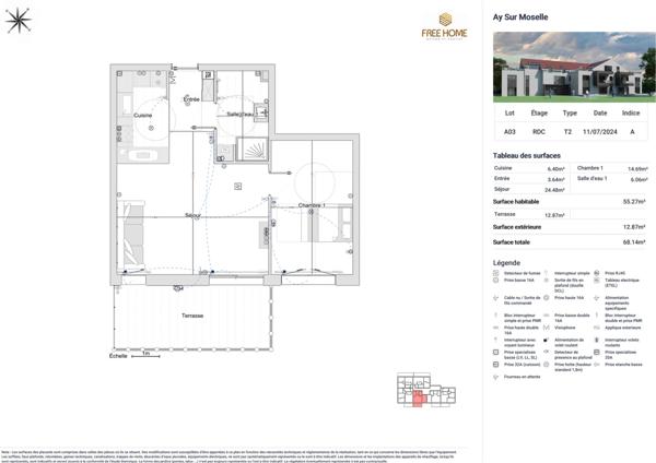 Ay-sur-Moselle – T2 de 55 m² avec terrasse de 12,8 m², cave et stationnement en sous-sol