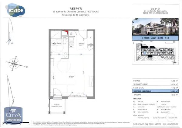 Appartement à louer 1 pièce 35.89m² Tours (37200)
