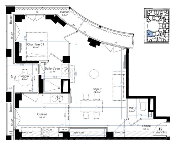 appartement T2 neuf à vendre PARIS 14e, surface hab. 52.40 m2 + loggia 4.00 m2 + balcons 7.80 m2