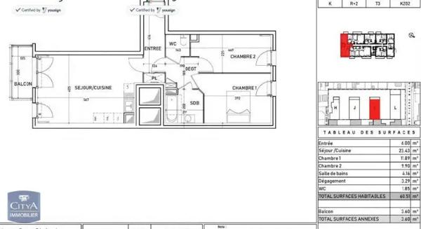 Appartement à louer 3 pièces 60.51m² Vigneux-sur-Seine (91270)