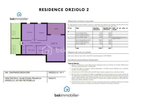 Baisse de prix… ! Corse - Rive sud d’Ajaccio à Pietrosella- Résidence ORZIOLO 2. Appartement neuf T3 de 71 m2 + terrasse loggia de 10 m2, situé à 3 km de la mer. et proche des commerces… !

Ventes Corse Rive sud d’Ajaccio à Pietrosella- BSK Immobilier vous propose dans une résidence de standing de 6 logements à usage d’habitation idéalement situé, à 3 km de la mer et proche des commerces, disposant d’une jolie vue dégagée.

Lot A04 / Un appartement neuf de type T3 de 71 m2 + terrasse loggia de 10 m2.
Il est situé au premier étage, localisation façade à droite.

 Ce logement offre tout le confort, il comprend une pièce de vie permettant d’accueillir un salon et séjour spacieux et une cuisine ouverte aménagée, deux chambres, une salle d’eau, un WC séparé et une buanderie. Une loggia de 10 m2 offre un réel  confort supplémentaire.

Équipements intérieurs de qualité fournis : Chauffage - climatisation, ballon thermodynamique, volets roulants alu électriques, grandes douches avec parois vitrées et WC suspendus. Les menuiseries extérieures sont en alu et en double vitrage, les baies vitrées font entre 3 et 4 mètres avec une hauteur de 2.25m ce qui offre une belle luminosité dans les pièces.

En conclusion cette configuration représente un espace habitable privilégié de 71 m2 disposant d’une loggia de 10 m2 sont un véritable atout.
Chaque logement dispose de deux places de stationnement à l’air libre.

Situé, à 3 km de la plage de Pietrosella et proche des commerces ; Pharmacies, alimentations, poste, tabac/presse à moins de 5 km .. et à 30 minutes de l’Aéroport d’Ajaccio Napoléon Bonaparte.

Dans le cadre des visites il vous sera demandé la présentation d'une pièce d’identité à chaque visiteur majeur, conformément à l’article L.561-5 du Code monétaire et financier. 

VENTE Corse Rive sud d’Ajaccio à Pietrosella- Lot A04 résidence ORZIOLO 2.
Appartement T3 neuf de 71m2 + loggia de 10 m2; Prix 339 000 euros, honoraires charge vendeur inclus - réf. 194643 BSK Immobilier - DOMINIQUE LARROCHE – 06 28 04 74 47 - Agent Commercial - RSAC N° 378 428 684 - Ville du greffe : AJACCIO -