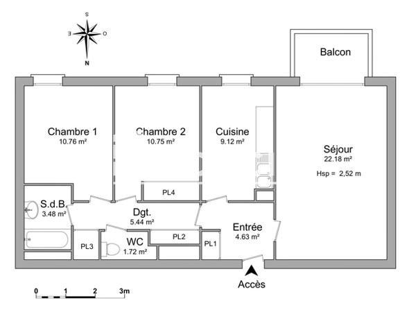Location Appartement 3 pièces 68.25 m² - 4 ESPLANADE CHAMPS MARS Rouen 76000
