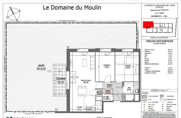 Appartement F3 à vendre  3 pièces - 66,30 m 2   ETAPLES  - 62