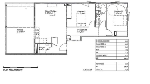 Appt de 97m² dont terrasse de 27 m² , cave , deux places de parking