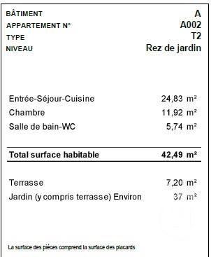 Appartement T2 à vendre  2 pièces - 42,49 m2 ARZON - 56