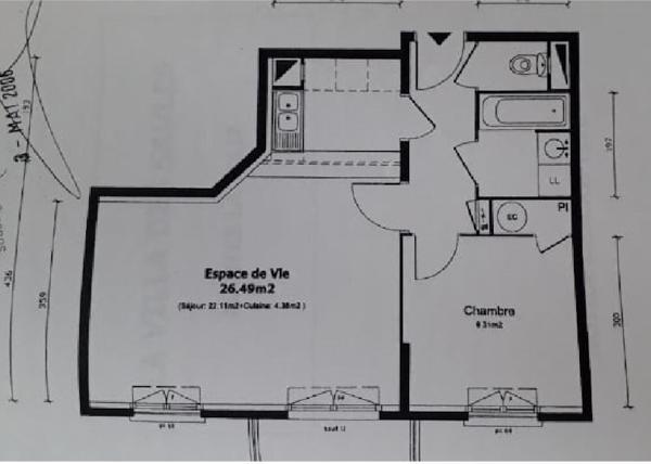 Appartement Mantes La Jolie 2 pièce(s)  Carrez : 46,3 m, surface au sol 50 m