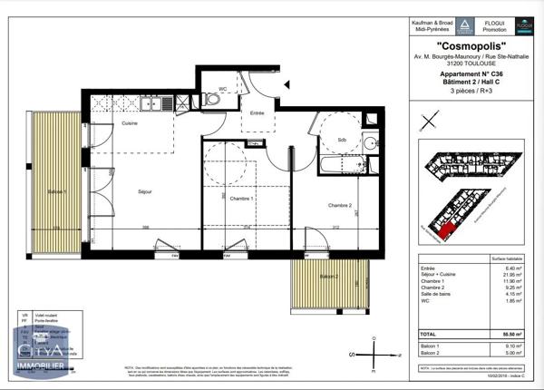 Appartement à louer 3 pièces 55.62m² Toulouse (31200)