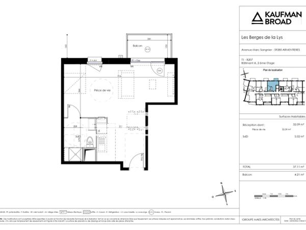 Location Studio 37.11 m² - 2 AVENUE MARC SANGNIER PORTE B207 Armentieres 59280