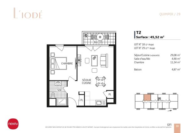 QUIMPER (29) Appartement de type 2 de 45.51 m² habitable - Balcon - Cave - Parking.
